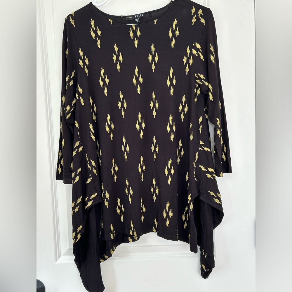 KOZAN size S Black Gold Ikat  Print A Line Asymmetrical 3/4 slv Top